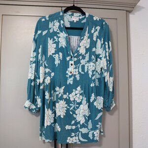 Wonderly Blue Floral Popover Tunic – XL, Stretchy & Flowy